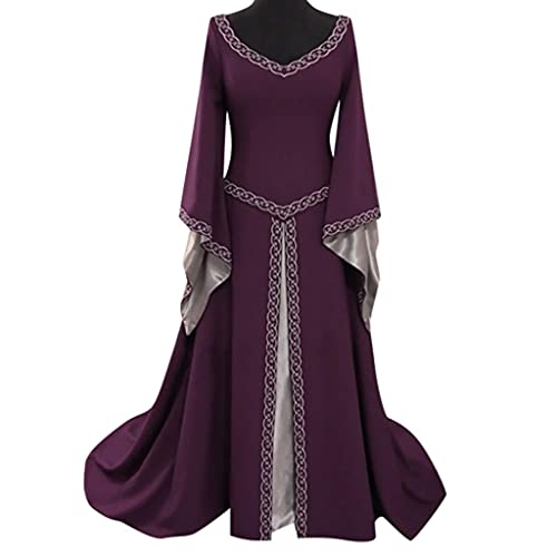 Vestido medieval para mujer, con mangas de trompeta, longitud hasta el suelo, retro, gótico, renacentista, princesa victoriana, vestido de bruja medieval irlandés, vestido largo, 2 morado, XXL