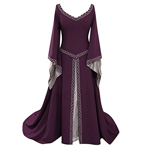 Vestido medieval para mujer, con mangas de trompeta, longitud hasta el suelo, retro, gótico, renacentista, princesa victoriana, vestido de bruja medieval irlandés, vestido largo, 2 morado, XXL