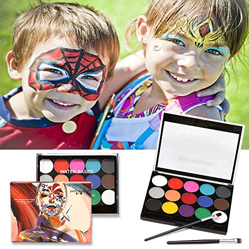 Víspera de Todos los Santos Pintura Facial, Halloween15 Colores Pintura de Cara Pintura Facial Seguro para niños y adultos, 2 pinceles, 40 Plantillas, Carnaval, Cosplay, Fiestas