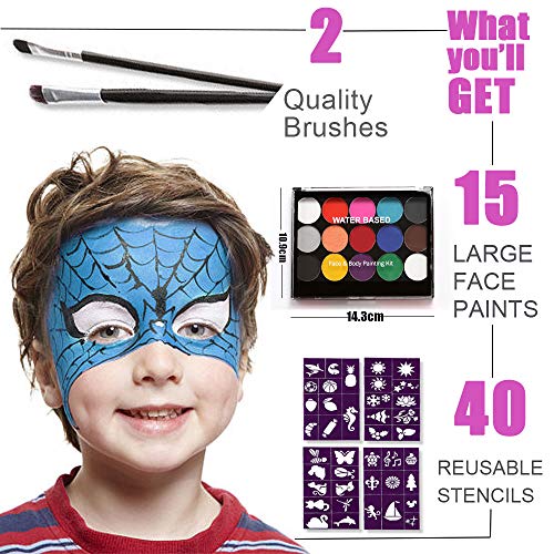 Víspera de Todos los Santos Pintura Facial, Halloween15 Colores Pintura de Cara Pintura Facial Seguro para niños y adultos, 2 pinceles, 40 Plantillas, Carnaval, Cosplay, Fiestas