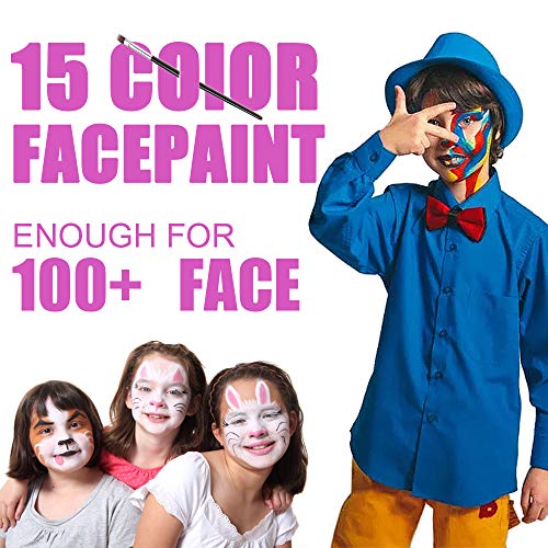 Víspera de Todos los Santos Pintura Facial, Halloween15 Colores Pintura de Cara Pintura Facial Seguro para niños y adultos, 2 pinceles, 40 Plantillas, Carnaval, Cosplay, Fiestas