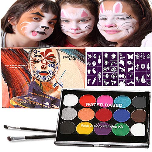 Víspera de Todos los Santos Pintura Facial, Halloween15 Colores Pintura de Cara Pintura Facial Seguro para niños y adultos, 2 pinceles, 40 Plantillas, Carnaval, Cosplay, Fiestas