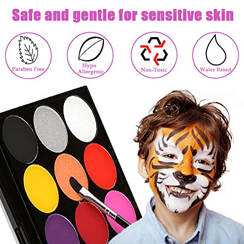 Víspera de Todos los Santos Pintura Facial, Halloween15 Colores Pintura de Cara Pintura Facial Seguro para niños y adultos, 2 pinceles, 40 Plantillas, Carnaval, Cosplay, Fiestas