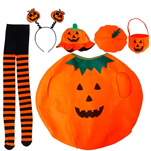 Wakauto Kit de Disfraz de Calabaza de Halloween Traje de Calabaza de Fieltro Sombrero Diadema Media Cubo de Caramelo Accesorio de Cosplay para Hombres Y Mujeres Adultos