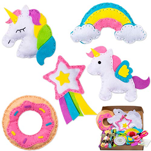 WATINC 5pz Kit de Costura Niños Unicornio Juego de Manualidades Coser Kit Manualidad de Coser Fieltro, Arcoíris y Rosquillas, con Fieltros, Aguja de Coser, Hilo de Bordar, Apto para Principiantes