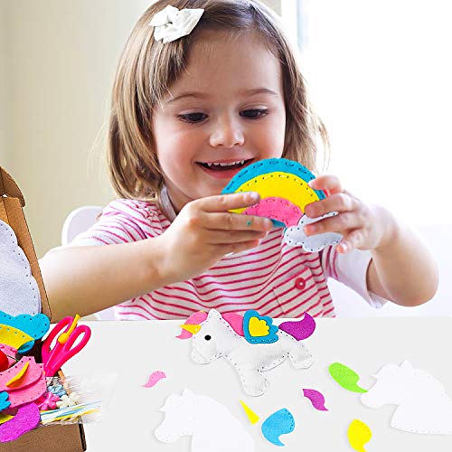 WATINC 5pz Kit de Costura Niños Unicornio Juego de Manualidades Coser Kit Manualidad de Coser Fieltro, Arcoíris y Rosquillas, con Fieltros, Aguja de Coser, Hilo de Bordar, Apto para Principiantes