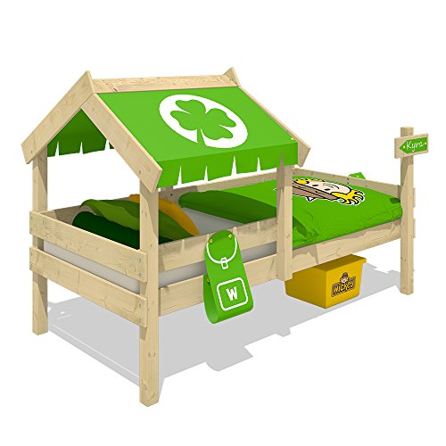 WICKEY Cama infantil CrAzY Buddy Cama individual 90x200 Cama aventuras con techo y somier de madera, verde manzana