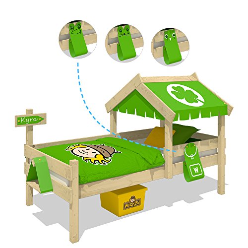 WICKEY Cama infantil CrAzY Buddy Cama individual 90x200 Cama aventuras con techo y somier de madera, verde manzana