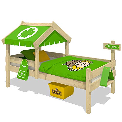 WICKEY Cama infantil CrAzY Buddy Cama individual 90x200 Cama aventuras con techo y somier de madera, verde manzana