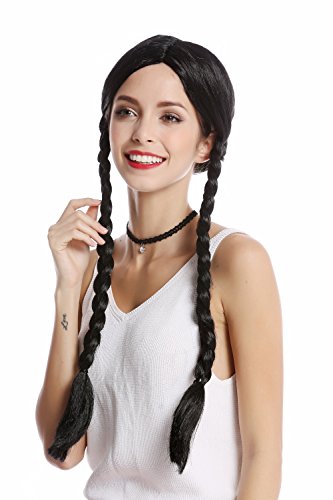 WIG ME UP- 90835-ZA103 Peluca Mujer Halloween Carnaval Negro Trenzas Trenzado Raya Medio Lolita Colegiala