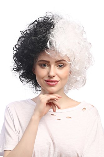 WIG ME UP- 91344-P103-P68 Peluca Mujeres Carnaval Halloween Rizado Afro fregona voluminosos, Mitad Blanco y Negro Bicolor, Frankenstein