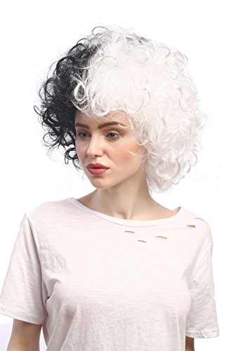 WIG ME UP- 91344-P103-P68 Peluca Mujeres Carnaval Halloween Rizado Afro fregona voluminosos, Mitad Blanco y Negro Bicolor, Frankenstein