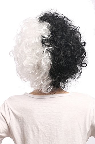 WIG ME UP- 91344-P103-P68 Peluca Mujeres Carnaval Halloween Rizado Afro fregona voluminosos, Mitad Blanco y Negro Bicolor, Frankenstein