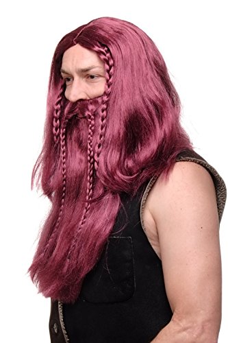 WIG ME UP- RJ033-P67 Peluca Larga Barba Trenzada para Hombres Carnaval Vikingo bárbaro gnomo pelirojo-Oscuro