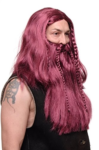 WIG ME UP- RJ033-P67 Peluca Larga Barba Trenzada para Hombres Carnaval Vikingo bárbaro gnomo pelirojo-Oscuro