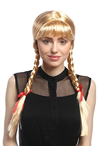 WIG ME UP- XR-008-P02 Peluca Mujeres Carnaval Cosplay Larga Trenzas con Cintas Trenzadas Flequillo Colegiala Lolita Rubia Rubio de Oro 60 cm