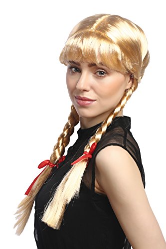 WIG ME UP- XR-008-P02 Peluca Mujeres Carnaval Cosplay Larga Trenzas con Cintas Trenzadas Flequillo Colegiala Lolita Rubia Rubio de Oro 60 cm