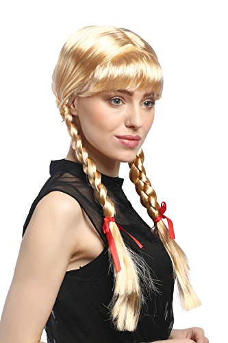 WIG ME UP- XR-008-P02 Peluca Mujeres Carnaval Cosplay Larga Trenzas con Cintas Trenzadas Flequillo Colegiala Lolita Rubia Rubio de Oro 60 cm