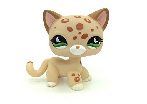 WooMax Tienda de Mascotas Littlest LPSs Toy Cat Leopard Cheetah Tan con Manchas Naranjas Ojos Verdes con 4 Piezas de Repuesto Cumplea