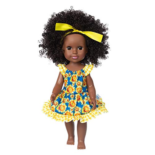 XAJ Muñeca de simulación para bebé, 35 cm, de Vinilo, Impermeable, Realista, Suave, Piel Negra, para niños, educación temprana,Lindo Cabello Rizado Regalos para niños muñeco Bebe