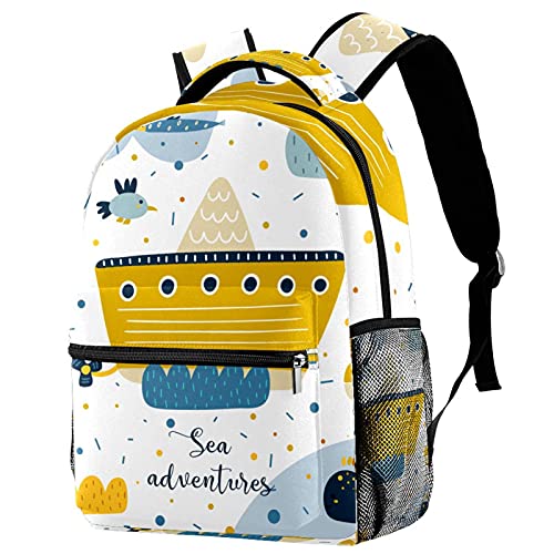 XiangHeFu Mochila pequeña para niñas niño al aire libre a pie bolsa de viaje mochila escolar Barco de vapor dibujado a mano Mochila estampada