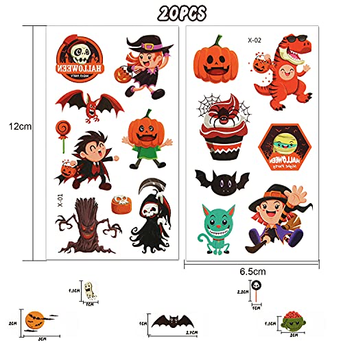 Xingsky Tatuajes Temporales Niños, Tatuajes Temporales Niños Halloween, Halloween Pegatinas Tatuajes, Calabaza Murciélago Araña Maquillaje Fiesta Dibujos Animados Tatuaje (20 hojas)