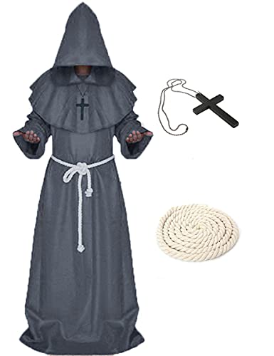 Xinlong Disfraz de monje de bruja para hombre, disfraz medieval renacentista con capucha (XL, gris)