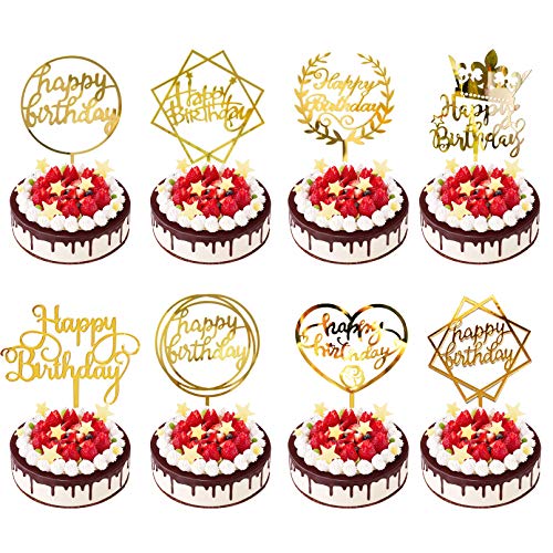 XYUAXUA 16 Piezas Decoración de Tartas,Cake Topper Happy Birthday,Oro Topper de Pastel de Cumpleaños,Acrílico Cupcake Toppers para Tartas Suministros de Purpurina Decoración de Fiesta(Oro)