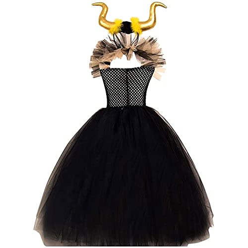 Yokbeer Disfraz de Maléfica con Alas de Cuernos, Vestido Tutú de Princesa para Niñas, Disfraces de Halloween de Diablo para Niños, Vestidos de Cosplay para Niños de La Reina Malvada