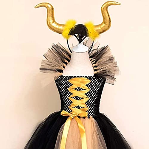 Yokbeer Disfraz de Maléfica con Alas de Cuernos, Vestido Tutú de Princesa para Niñas, Disfraces de Halloween de Diablo para Niños, Vestidos de Cosplay para Niños de La Reina Malvada