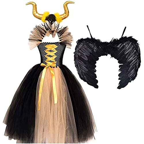 Yokbeer Disfraz de Maléfica con Alas de Cuernos, Vestido Tutú de Princesa para Niñas, Disfraces de Halloween de Diablo para Niños, Vestidos de Cosplay para Niños de La Reina Malvada