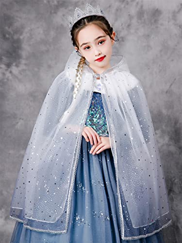 YOSICIL Capa Disfraz Niña Capa Elsa Frozen Transparente Tul Capa Princesa Niña Lentejuelas Para Vestido de Fiesta Carnaval Cosplay Cumpleaños Navidad, con capucha