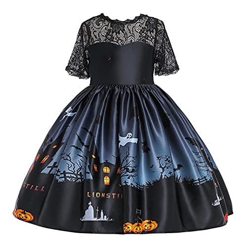 YWLINK NiñOs Vestido Ceremonial Halloween NiñA Cosplay Princesa Vestido Disfraz De Bruja para NiñOs, Disfraz De Halloween,Vestido Estampado Vestido De Encaje con Estampado De Calaveras