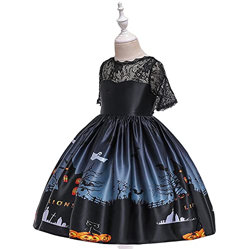 YWLINK NiñOs Vestido Ceremonial Halloween NiñA Cosplay Princesa Vestido Disfraz De Bruja para NiñOs, Disfraz De Halloween,Vestido Estampado Vestido De Encaje con Estampado De Calaveras