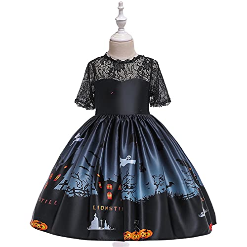 YWLINK NiñOs Vestido Ceremonial Halloween NiñA Cosplay Princesa Vestido Disfraz De Bruja para NiñOs, Disfraz De Halloween,Vestido Estampado Vestido De Encaje con Estampado De Calaveras