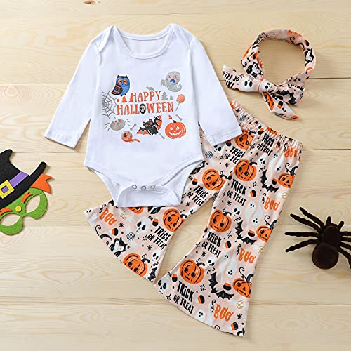 YWLINK Nuevo Traje De Mameluco para NiñAs Disfraz De Bebé De Halloween,Mono De Letras + Pantalones Acampanados Sueltos+Venda Conjunto De Bautismo De Halloween