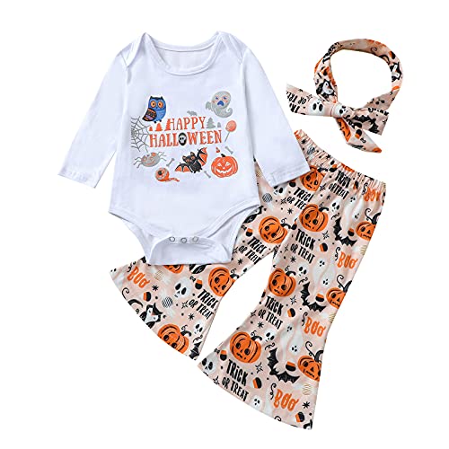 YWLINK Nuevo Traje De Mameluco para NiñAs Disfraz De Bebé De Halloween,Mono De Letras + Pantalones Acampanados Sueltos+Venda Conjunto De Bautismo De Halloween