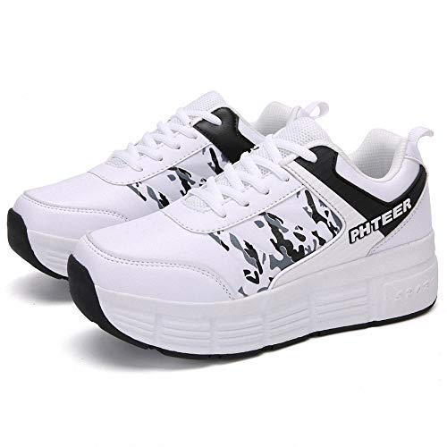 Zapatillas con Ruedas Zapatos con ruedas para niños Zapatillas de skate con ruedas Zapatos Patines Automática Calzado de Skateboarding Con Automática Ruedas Ajustables para Niños Niñas,Blanco,33