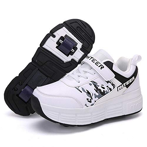 Zapatillas con Ruedas Zapatos con ruedas para niños Zapatillas de skate con ruedas Zapatos Patines Automática Calzado de Skateboarding Con Automática Ruedas Ajustables para Niños Niñas,Blanco,33