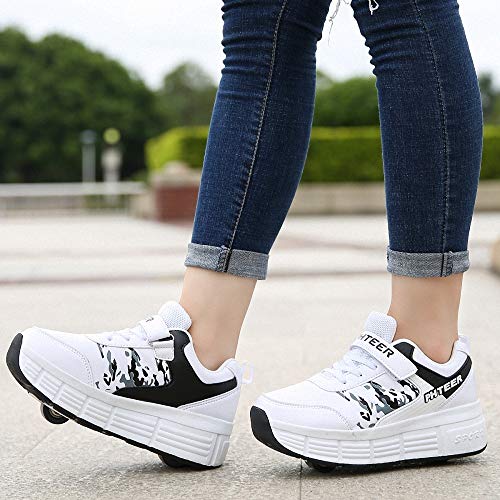 Zapatillas con Ruedas Zapatos con ruedas para niños Zapatillas de skate con ruedas Zapatos Patines Automática Calzado de Skateboarding Con Automática Ruedas Ajustables para Niños Niñas,Blanco,33