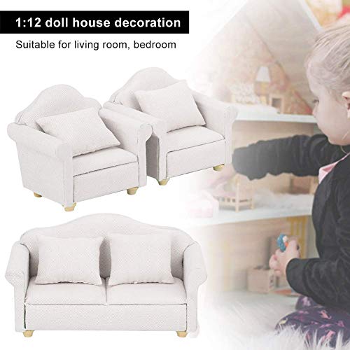 Zerodis 3Pcs Dollhouse Sofa Miniature Armchair 1:12 Mini Doll House Plaid Sofa Cojín Set Accesorio Habitación Muebles Juguete de Regalo para niñas(Blanco)