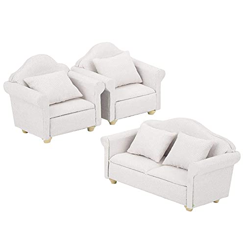 Zerodis 3Pcs Dollhouse Sofa Miniature Armchair 1:12 Mini Doll House Plaid Sofa Cojín Set Accesorio Habitación Muebles Juguete de Regalo para niñas(Blanco)