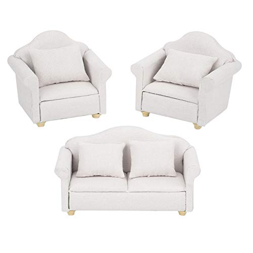 Zerodis 3Pcs Dollhouse Sofa Miniature Armchair 1:12 Mini Doll House Plaid Sofa Cojín Set Accesorio Habitación Muebles Juguete de Regalo para niñas(Blanco)