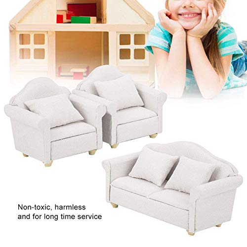 Zerodis 3Pcs Dollhouse Sofa Miniature Armchair 1:12 Mini Doll House Plaid Sofa Cojín Set Accesorio Habitación Muebles Juguete de Regalo para niñas(Blanco)