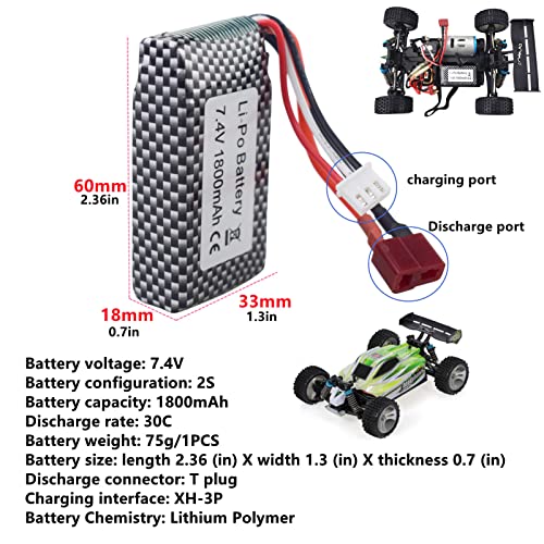 ZYGY 7.4V 1800mah Batería de Litio de Alta Velocidad T Cabeza con Cable de Carga USB de 7.4V para WLTOYS A959-B A969-B A979-B K929-B 144001 RC batería de Repuesto para vehículos Todoterreno