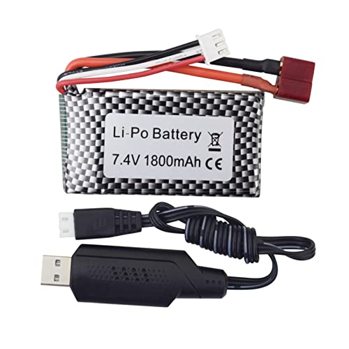 ZYGY 7.4V 1800mah Batería de Litio de Alta Velocidad T Cabeza con Cable de Carga USB de 7.4V para WLTOYS A959-B A969-B A979-B K929-B 144001 RC batería de Repuesto para vehículos Todoterreno