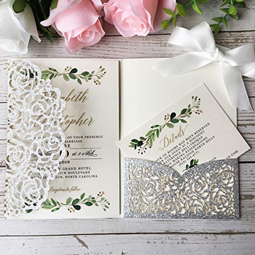 20 invitaciones de boda trípticas cortadas con láser con tarjetas RSVP para boda, despedida de soltera, compromiso, cumpleaños, invitación (purpurina plateada)