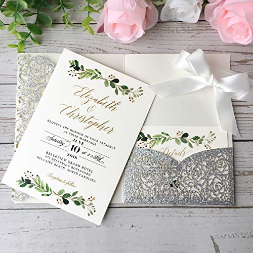 20 invitaciones de boda trípticas cortadas con láser con tarjetas RSVP para boda, despedida de soltera, compromiso, cumpleaños, invitación (purpurina plateada)