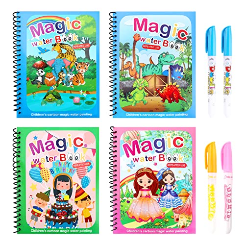 4 Libros Agua Dibujo Pintura Libro Mágico de Colorear para Niños con 4 Plumas de Pintura Doodle, reutilizable Magic Water Drawing Book Colores Magicos Tablero de Pintura niños niñas pequeños Regalo