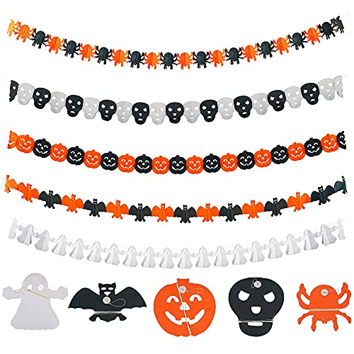 5 Piezas Banners Decoraciones de Halloween,Calavera Halloween de Papel Banner,Guirnalda de Papel Decoración Calabazas Murciélagos,Halloween para Fiesta Indoor Outdoor Decoración.